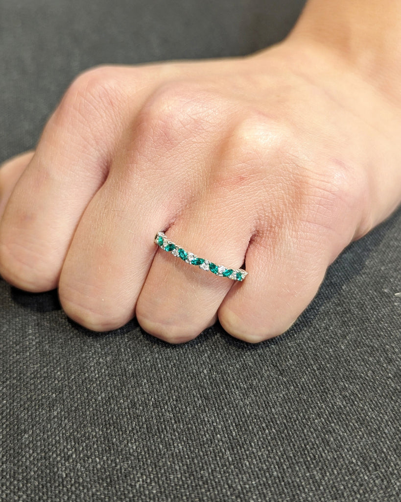 Emerald Marquise Band Ring, 14k Solid Gold Eternity Wedding Band Women, Dainty Stacking Ring, Green Gemstone, Diamond Ring, Christmas Gifts