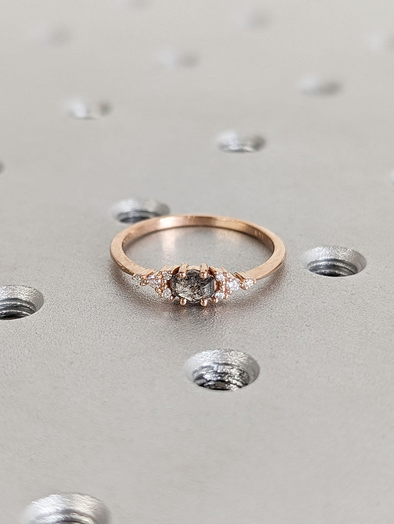 Hexagon Salt and Pepper Diamond 14K Rose Gold Diamond Clusters Promise Ring