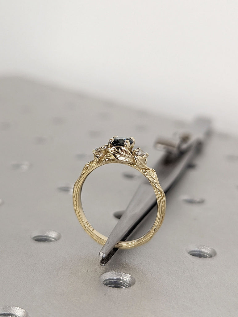 Peacock Sapphire 14K Yellow Gold Nature Inspired Twig Wedding Anniversary Ring