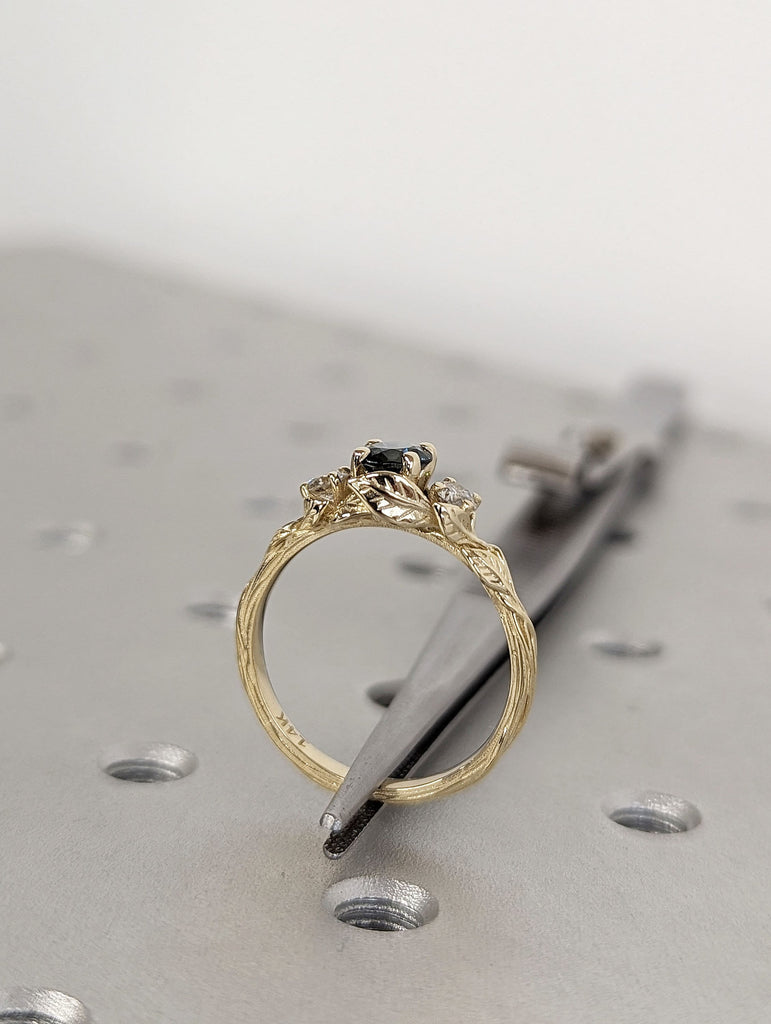 Peacock Sapphire 14K Yellow Gold Nature Inspired Twig Wedding Anniversary Ring