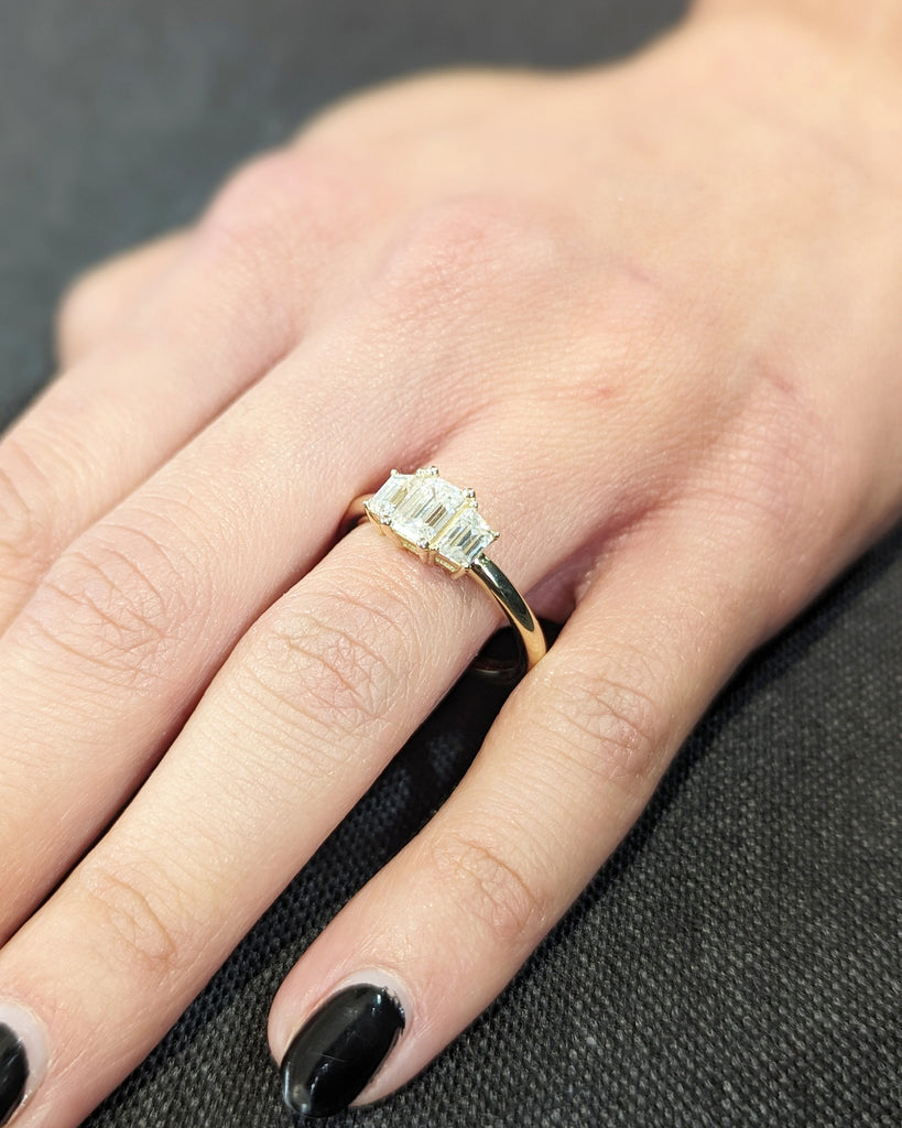 Three Stone Emerald Cut Moissanite Engagement Ring, Side Trapezoid Moissanite, Three Stone Engagement Ring, Emerald Cut and Trapezoid Cut