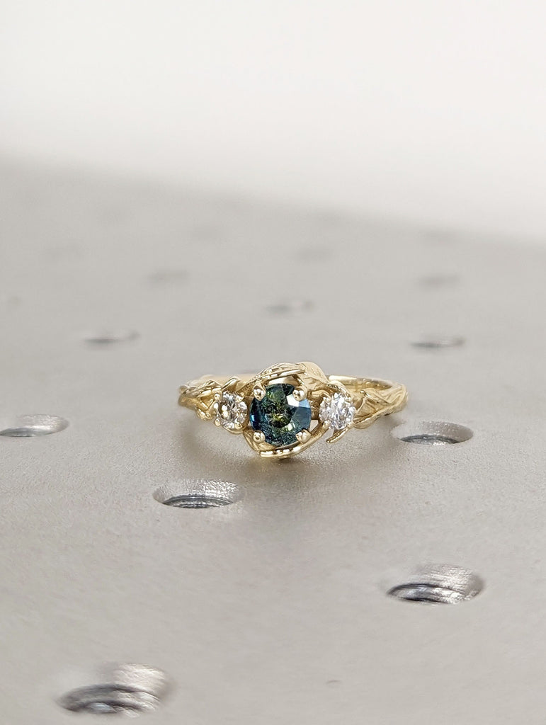 0.5ct Round Peacock Sapphire 14K Yellow Gold Nature Inspired Leaves Motifs Diamond Wedding Annviersary Ring