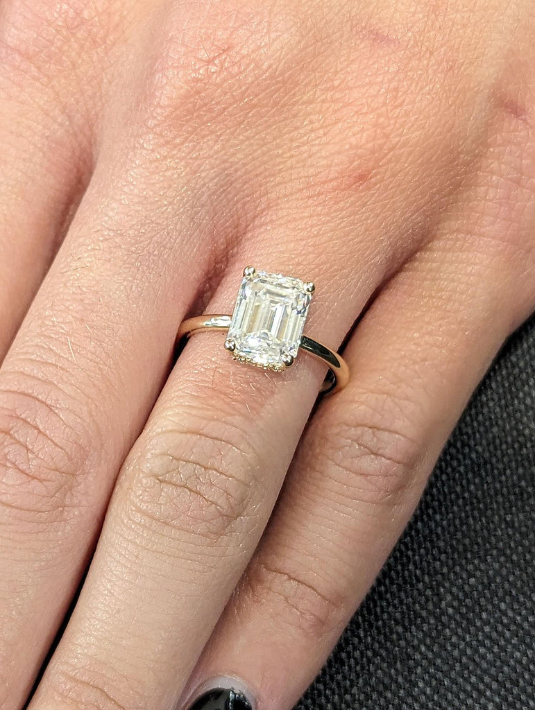 2.5ct Emerald cut Moissanite Solitaire 14K Yellow Gold Bezel Set Diamond Hidden Halo Wedding Ring