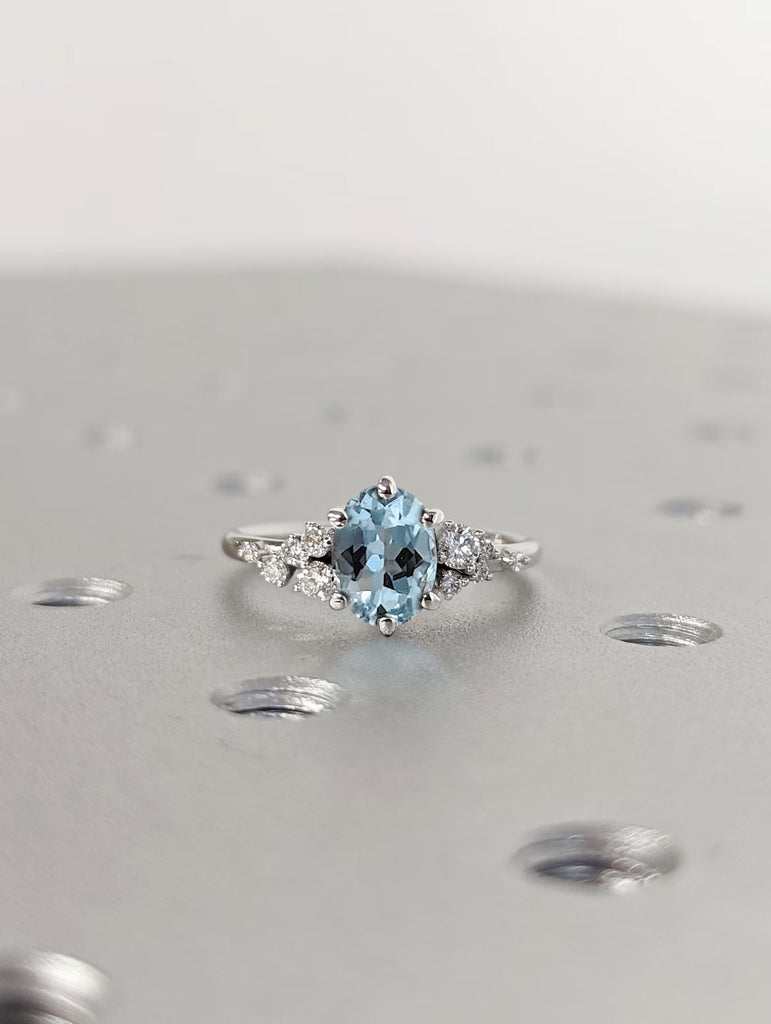 Oval Aquamarine Ring- Solid Gold Blue Gemstone Engagement Ring for Women- Promise Ring- March Birthstone- Snowdrift 6 Prongs- Cluster Ring