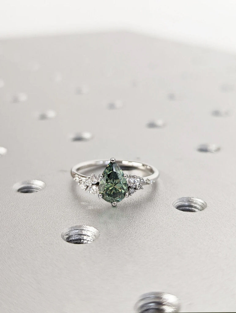 Pear Cut Green Moissanite Ring Vintage Moissanite Engagement Ring Solid Gold Unique Snowdrift 6 Prongs Engagement Ring Diamond Wedding Ring