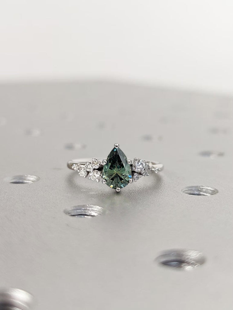 Pear Cut Green Moissanite Ring Vintage Moissanite Engagement Ring Solid Gold Unique Snowdrift 6 Prongs Engagement Ring Diamond Wedding Ring
