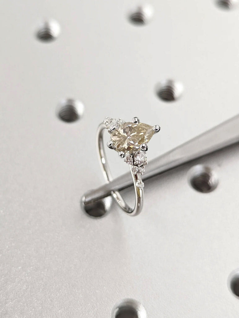Pear Cut Champagne Moissanite Ring Vintage Yellow Moissanite Engagement Ring Solid Gold Unique Snowdrift 6 Prongs Engagement Ring Diamond