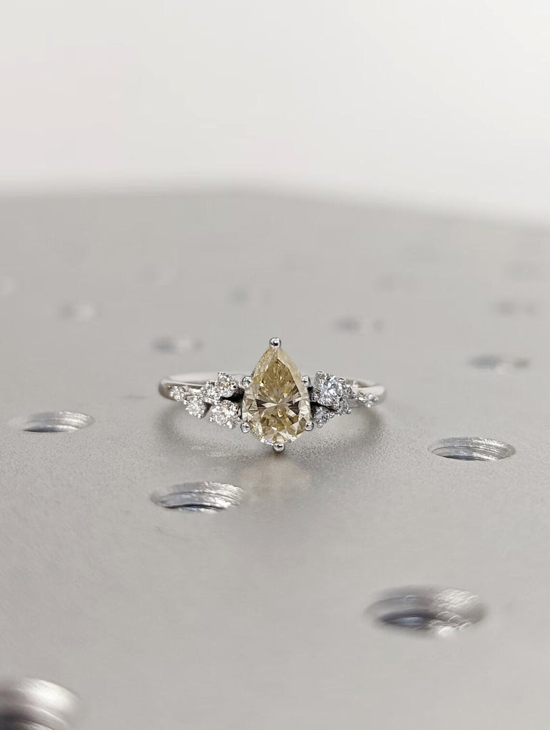Pear Cut Champagne Moissanite Ring Vintage Yellow Moissanite Engagement Ring Solid Gold Unique Snowdrift 6 Prongs Engagement Ring Diamond