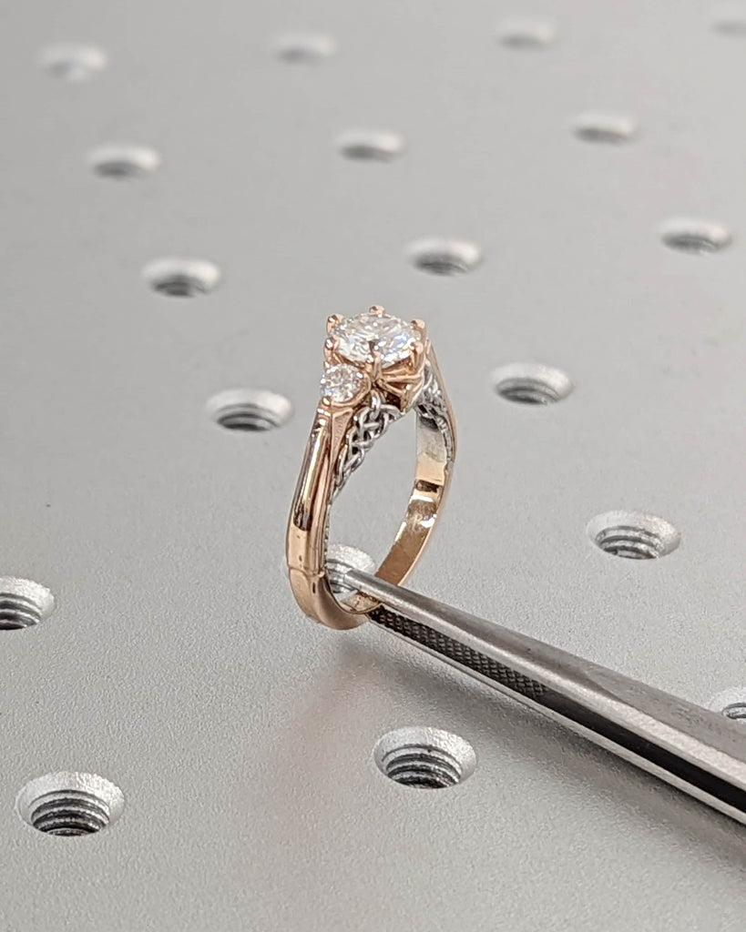 Vintage Round Cut Moissanite Three Stone Ring in 14K Gold Engagement Ring, Promise Ring, Two Tone Gold Ring, Celtic Knots, Braided, Art Deco