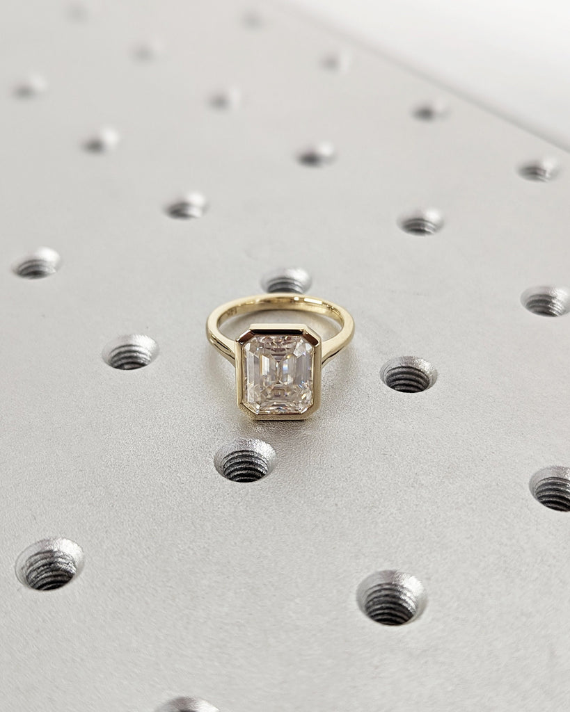 3CT Emerald Cut Moissanite Solitaire Ring, 14K Yellow Gold Engagement Ring, Bezel Setting, Statement Ring, Gift For Her, Minimalist, Unique