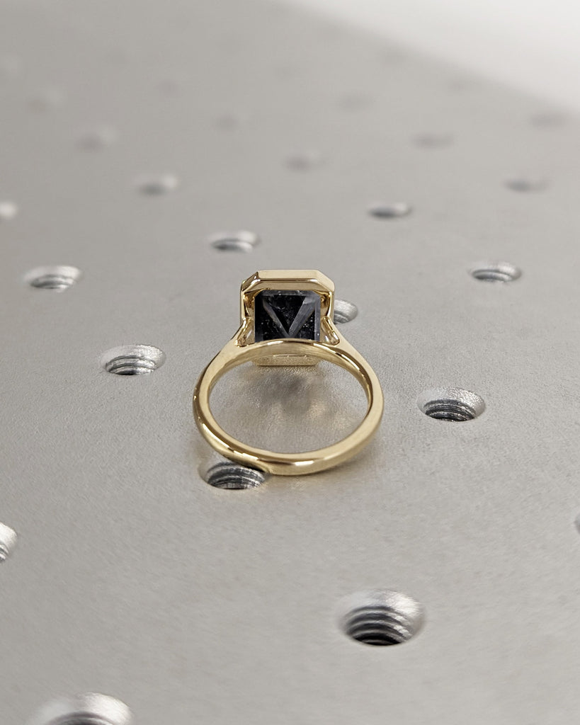 3CT Emerald Cut Salt and Pepper Diamond Solitaire Ring, 14K Yellow Gold Engagement Ring, Bezel Setting, Statement Ring, Gift For Her, Unique