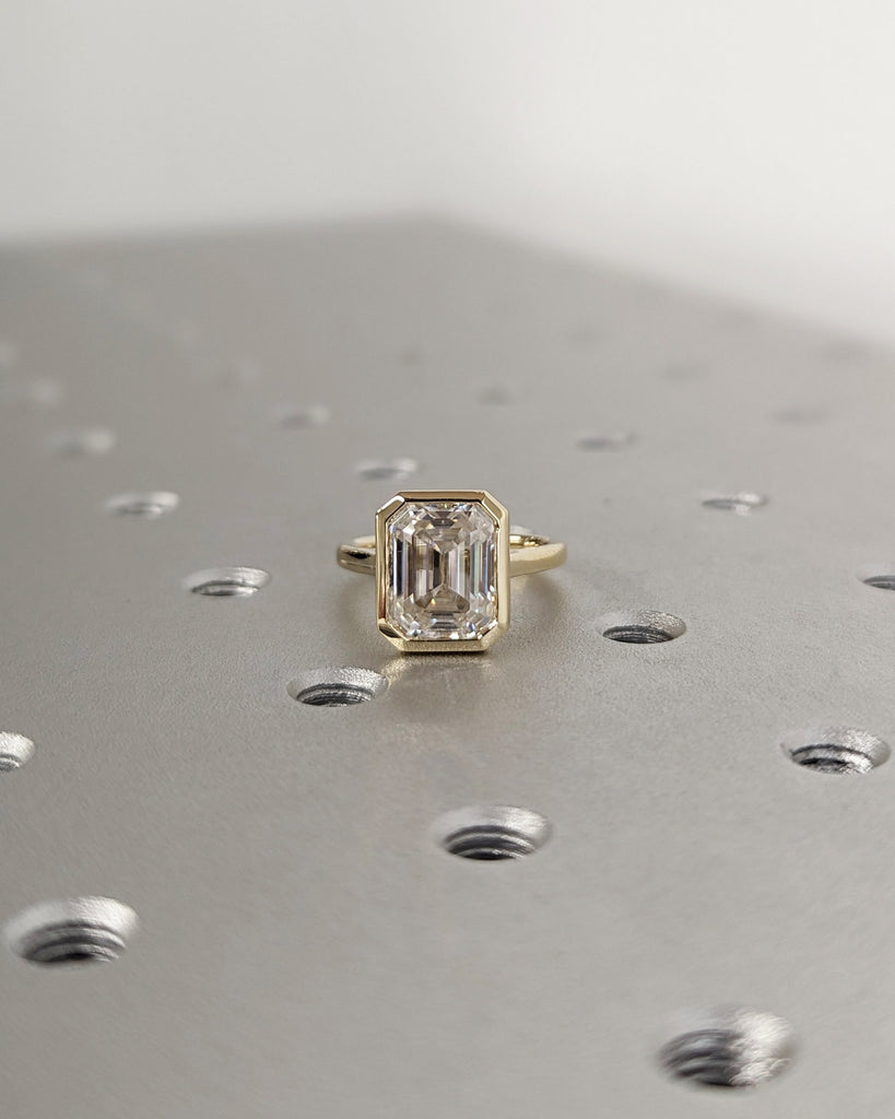 3CT Emerald Cut Lab Grown Diamond Solitaire Ring, 14K Yellow Gold Engagement Ring, Bezel Setting, Statement Ring, Gift For Her, Minimalist