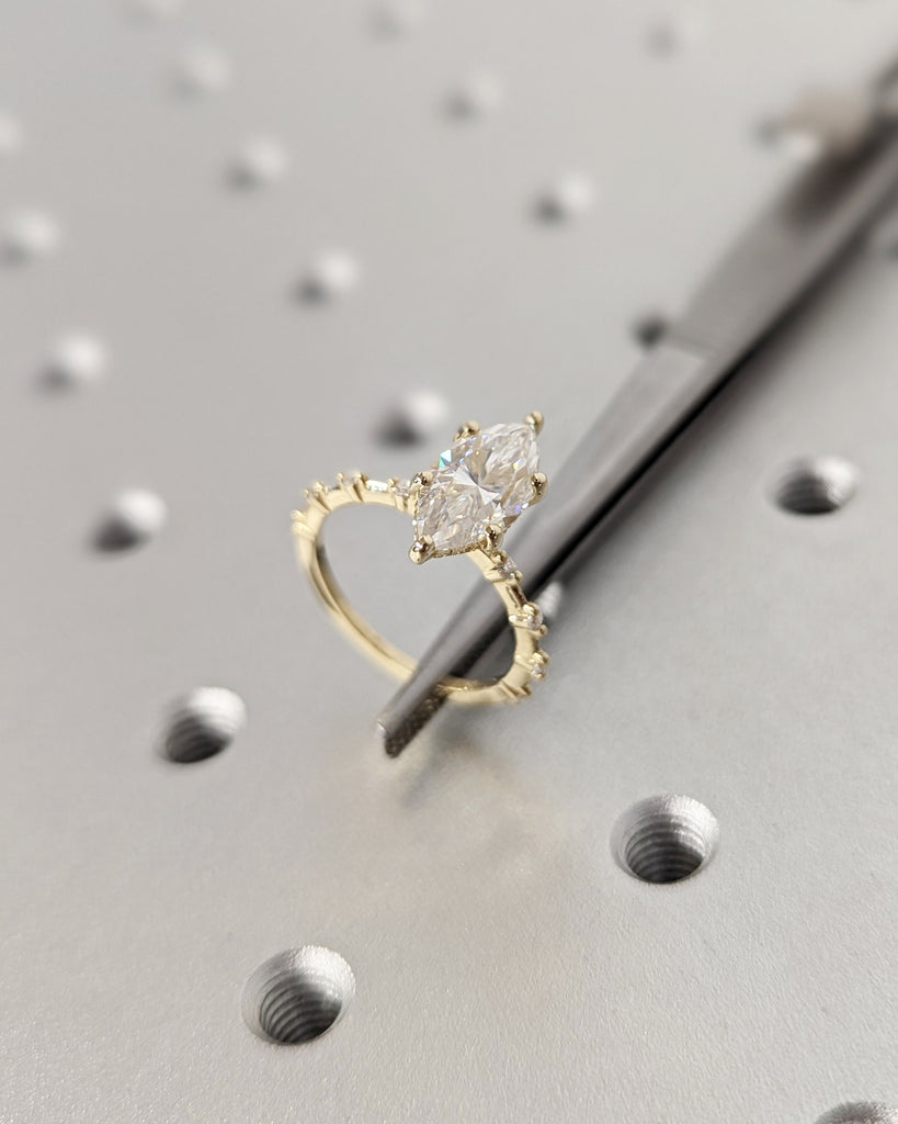 1.5ct Marquise Lab Diamond Solitaire Engagement Ring | 14K Yellow Gold Diamond Hidden Halo Promise Ring | Custom Wedding Anniversary Ring