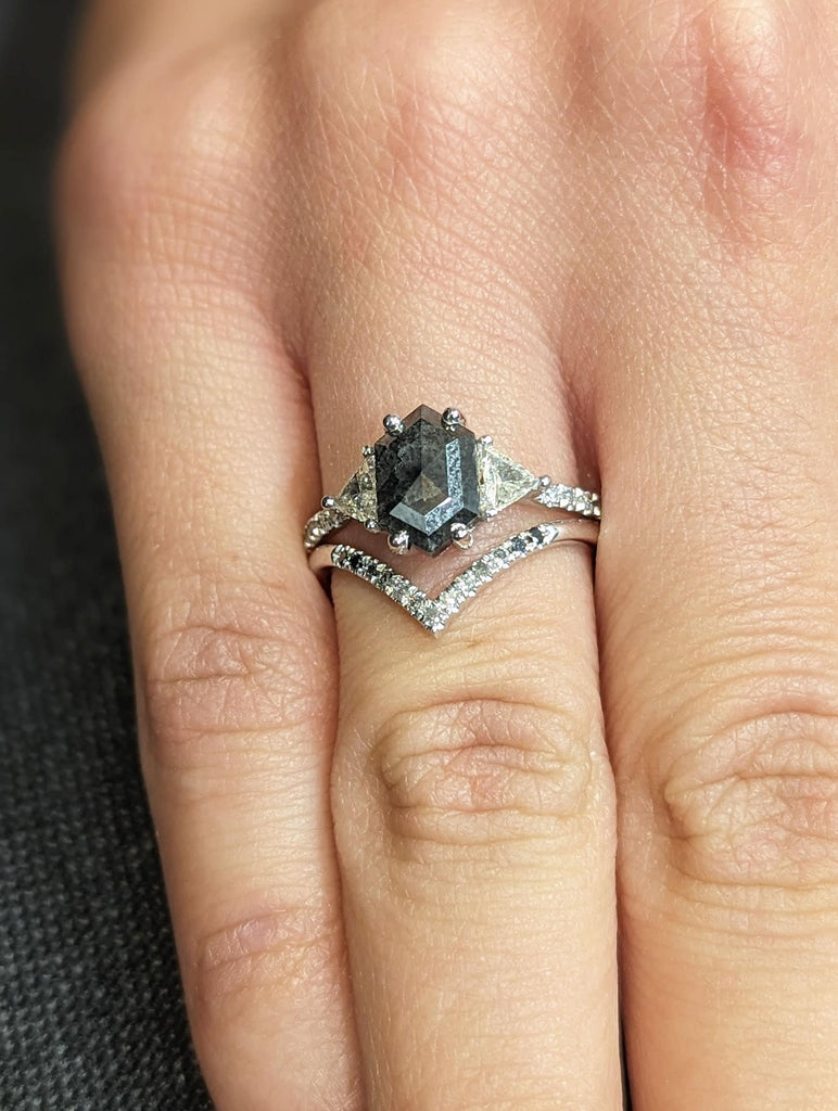 1.5ct Hexagon Salt and Pepper Diamond Engagement Ring | 14K White Gold Triangle Diamond Promise Ring | Custom Gray Diamond Statement Ring