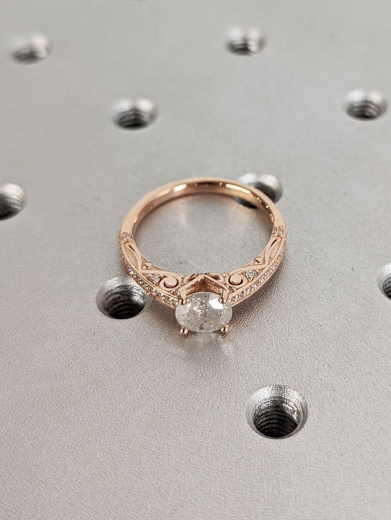 Icy Round Salt and Pepper Diamond 14K Rose Gold Hidden Gem Engagement Ring