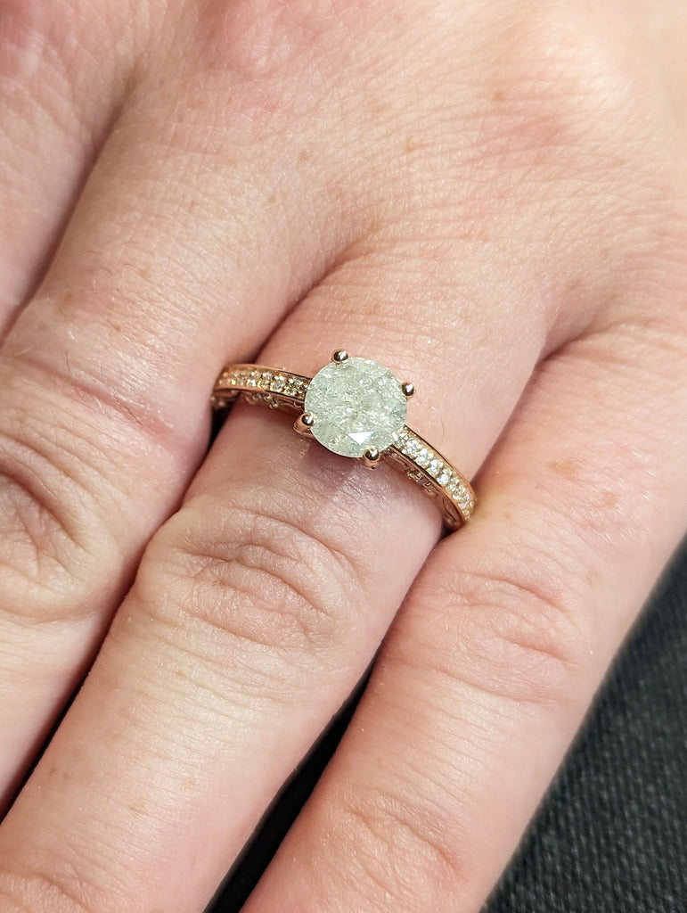 Antique Rose Gold Engagement Ring Natural Round Icy Salt and Pepper Diamond