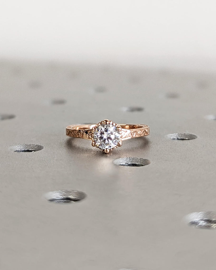 Vintage Engagement Ring Moissanite Engagement Ring Art Deco Hidden Halo Ring Prong Set Anniversary Unique Ring Carved Filigree Minimalist