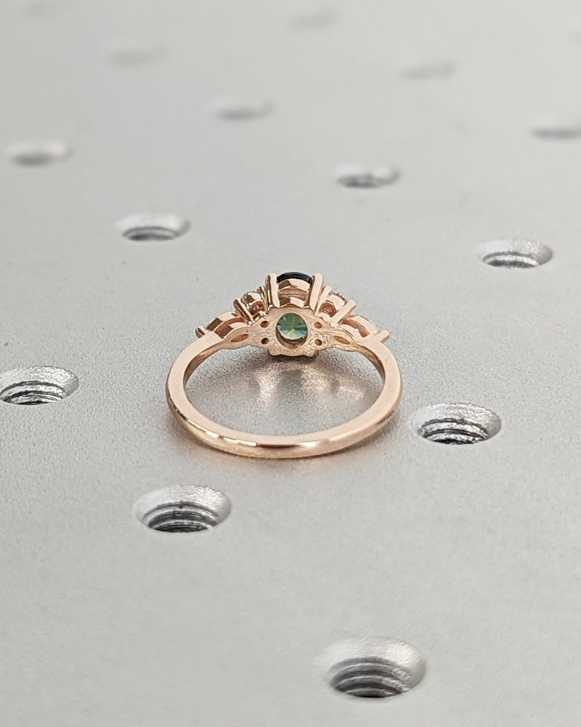 Blue Green sapphire ring. Peacock engagement ring. Oval Teal sapphire ring. 14k rose gold engagement ring. Cluster diamond ring. Art deco.