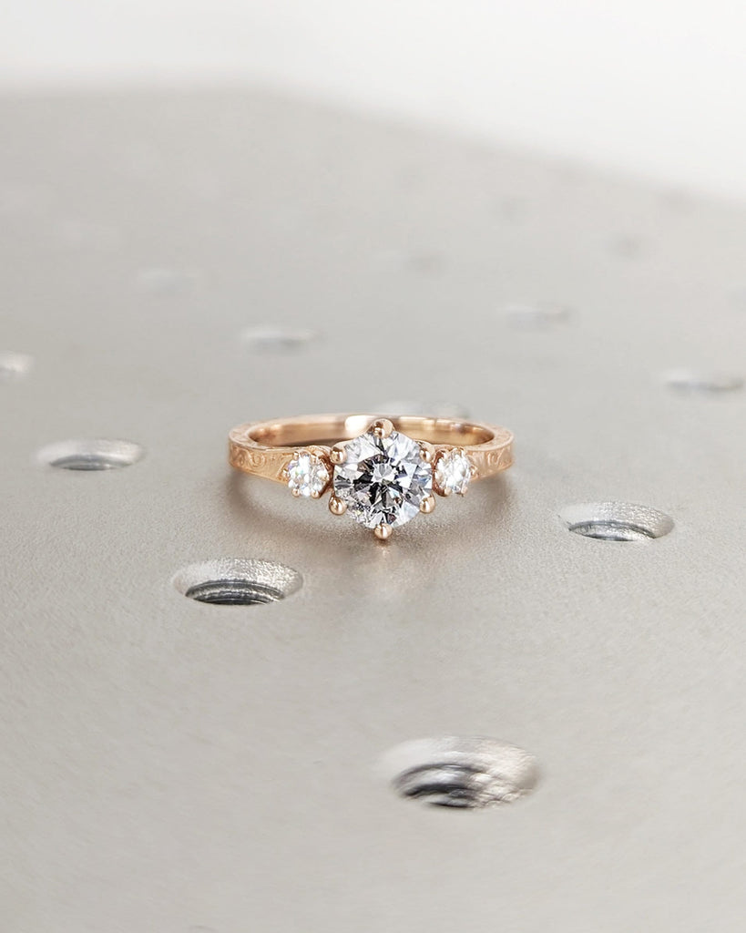 1ct Moissanite 14k Rose Gold Moissanite Diamonds Dainty Round 3 Stone Engagement Ring, Cluster Ring, Filigree Wedding Band, Carved Design