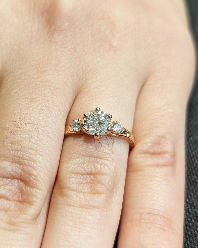 1ct Moissanite 14k Rose Gold Moissanite Diamonds Dainty Round 3 Stone Engagement Ring, Cluster Ring, Filigree Wedding Band, Carved Design