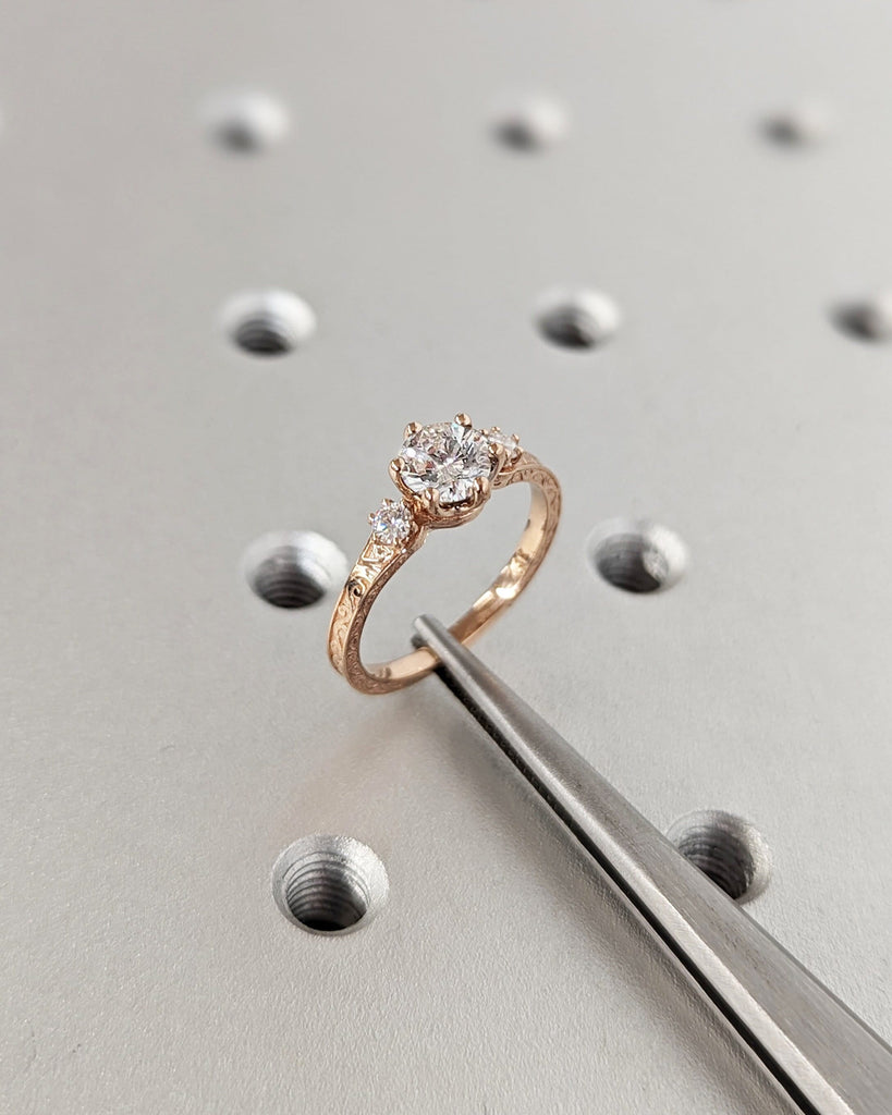 1ct Moissanite 14k Rose Gold Moissanite Diamonds Dainty Round 3 Stone Engagement Ring, Cluster Ring, Filigree Wedding Band, Carved Design