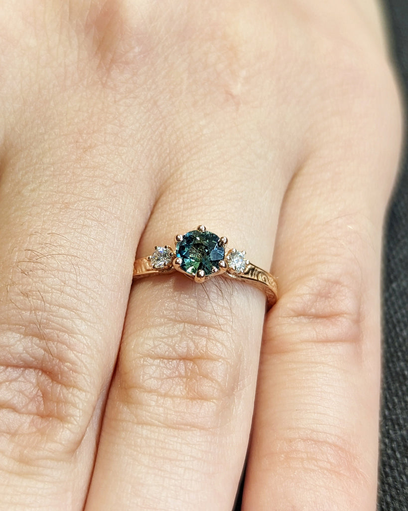 Peacock Sapphire Promise Ring Gold, Round Cut Engagement Dainty Sapphire Ring, Art Deco Ring, Green Gemstone Statement Ring Anniversary Gift