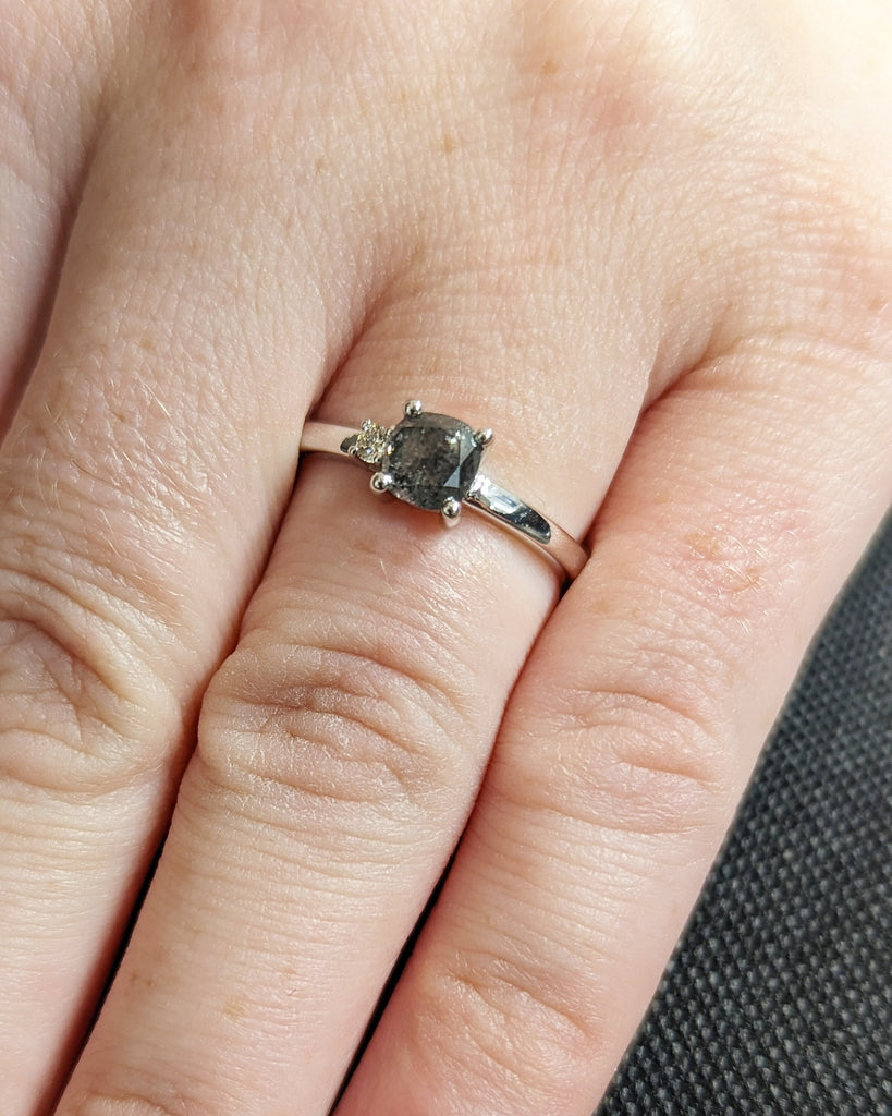 Black Engagement Ring, Square Salt and Pepper Natural Diamond, Two Stone Engagement Ring, White Gold, Cushion, Natural Black Diamond Jewelry