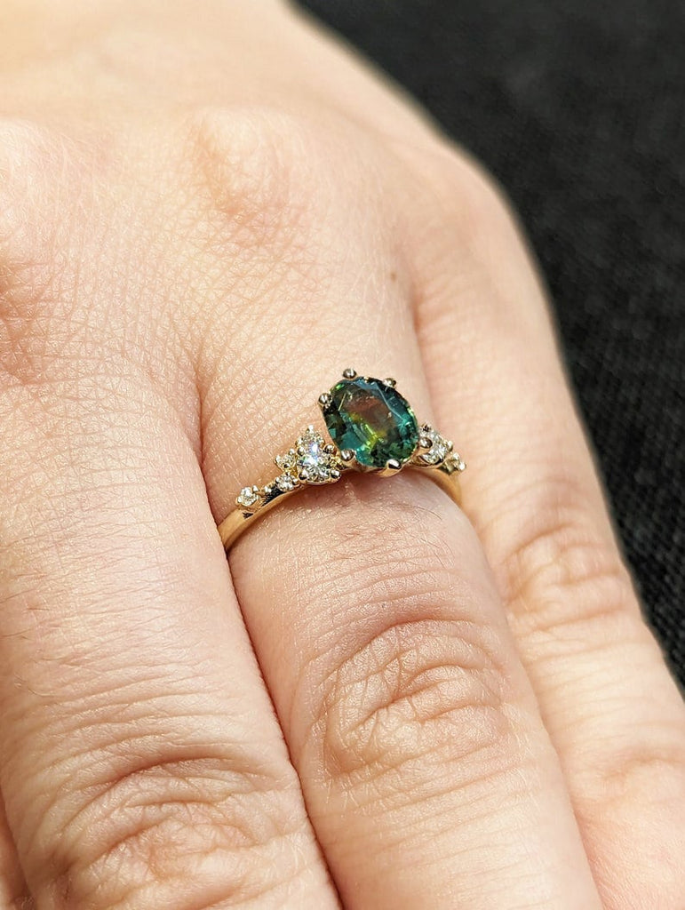 Blue Green Sapphire Ring. Peacock Engagement Ring. Oval Teal Sapphire Ring. 14K Yellow Gold Engagement Ring. Cluster Diamond Ring. Art Deco.