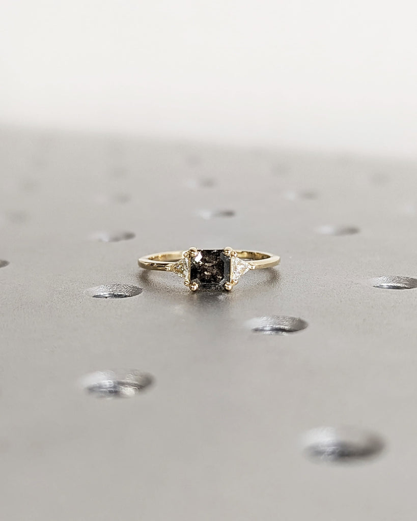 Raw Diamond Square Engagement Ring, Diamond Trillion Cut Salt and Pepper, Unique Bridal Engagement Set, Ascher Cut Geometric Diamond Ring