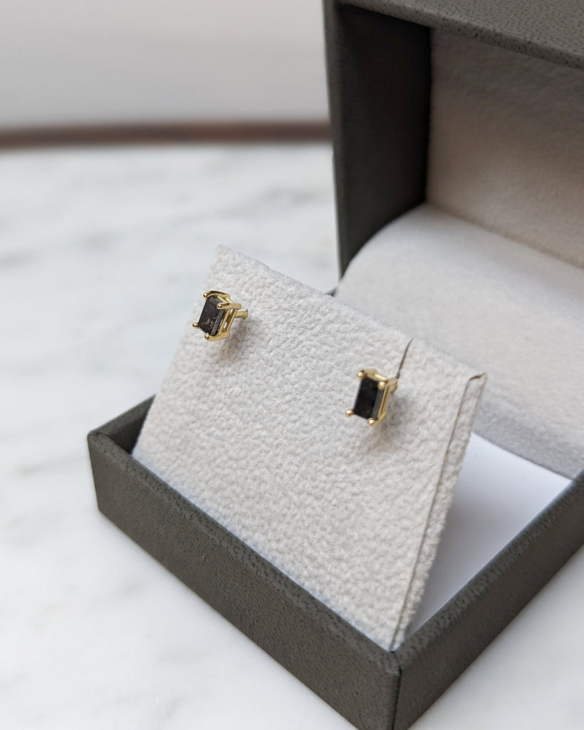 Salt and Pepper Diamond Studs, Baguette Earrings, Minimal Jewelry, 18K Solid Gold Earrings, Small Studs, Stud Earrings, Mother's Day Gift