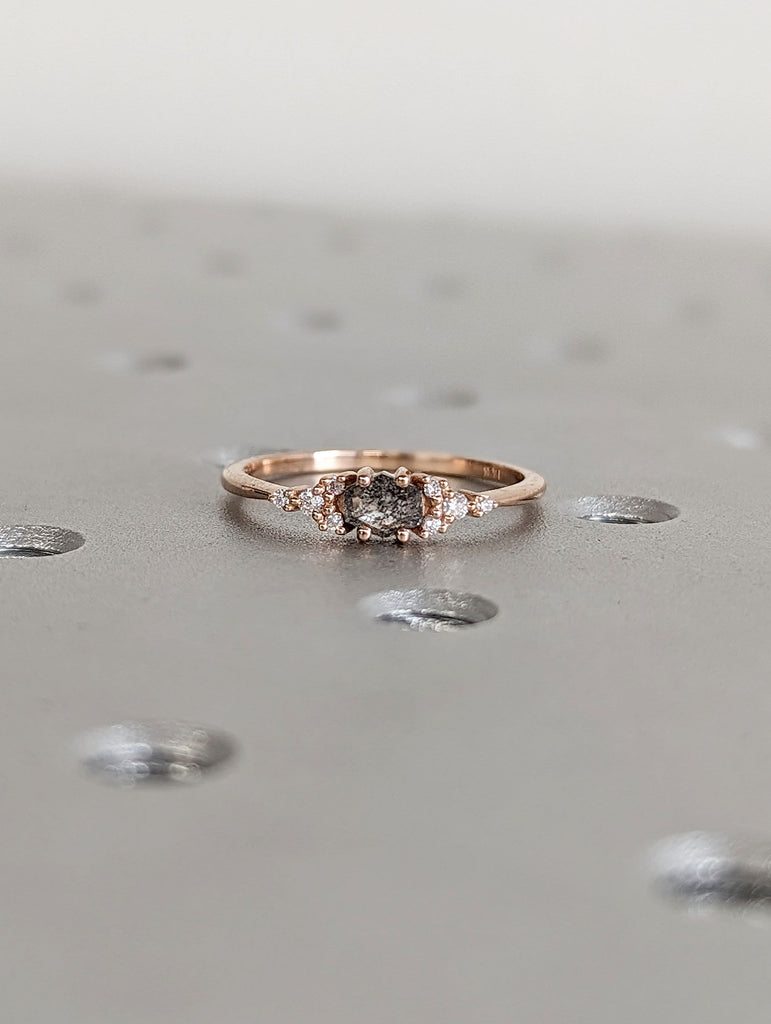 Hexagon Salt and Pepper Diamond 14K Rose Gold Diamond Clusters Engagement Ring