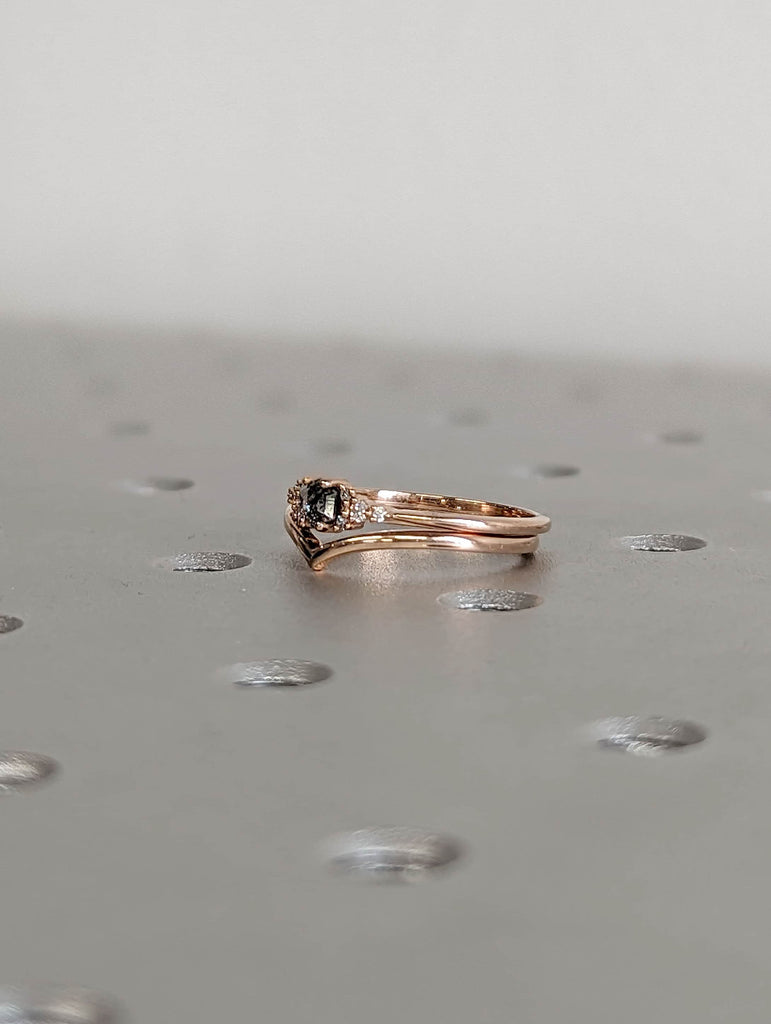 Hexagon Salt and Pepper Diamond Wedding Anniversary Ring Set 14K Rose Gold Chevron Matching Wedding Band