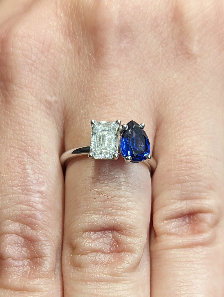 1 Carat Double Stone Engagement Ring Pear Cut Blue Sapphire and Emerald Cut Moissanite Two Stone Wedding Ring 14K Solid Gold Toi Et Moi Ring