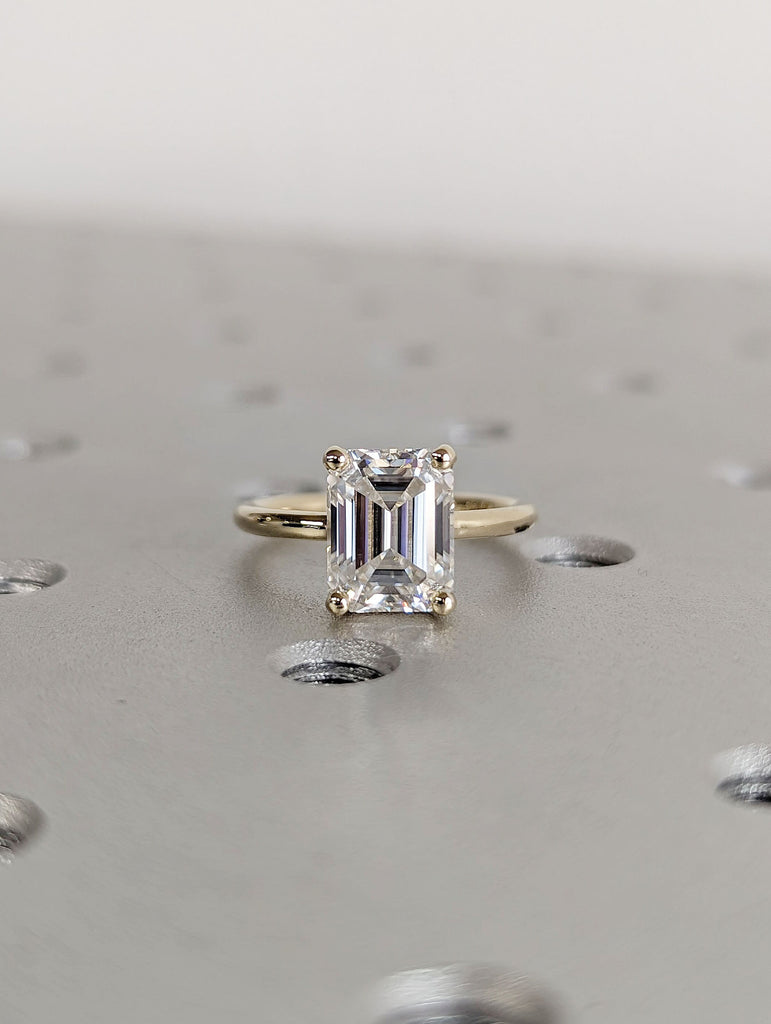 2.5ct Emerald cut Low Profile Setting Moissanite Solitaire 14K Yellow Gold Engagement Ring