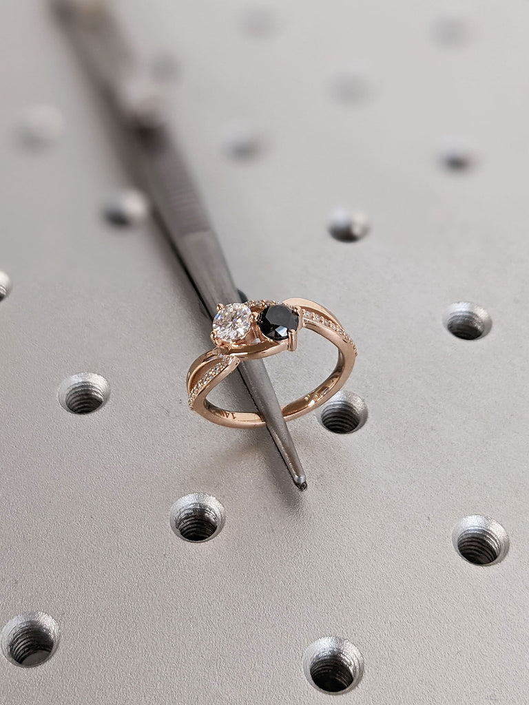 Eternal Love Double Stone Salt and Pepper Diamond Moissanite 14K Rose Gold Proposal Ring