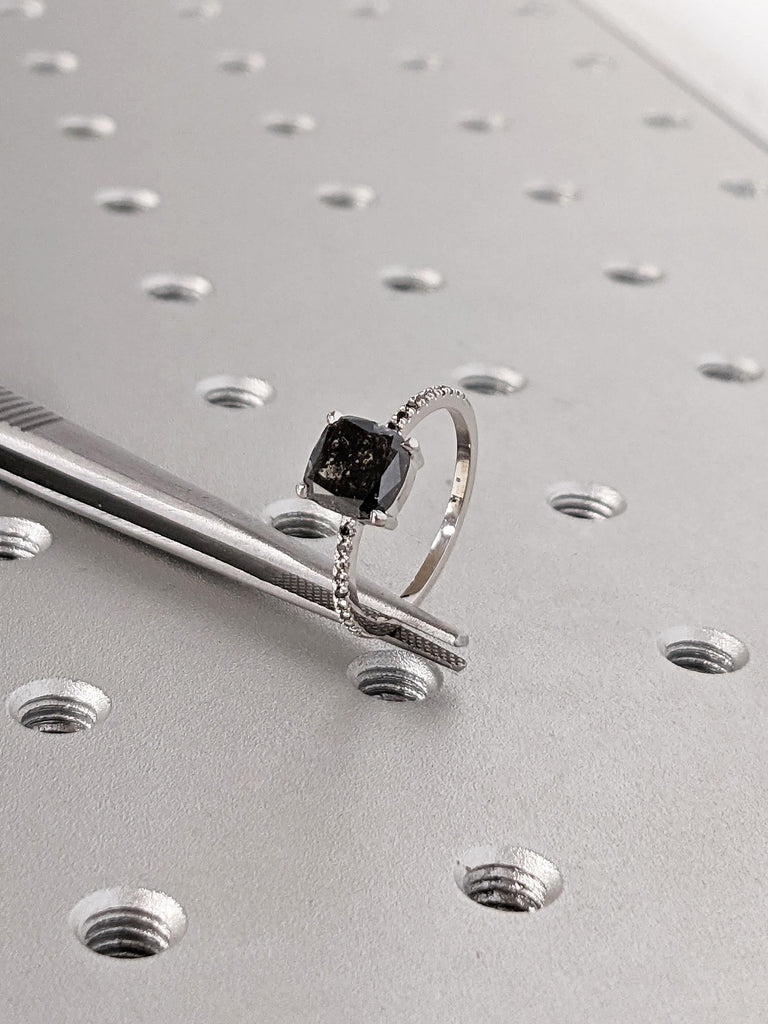 1.5ct Cushion cut Salt and Pepper Diamond 14K White Gold Black Diamond Dainty Engagement Ring