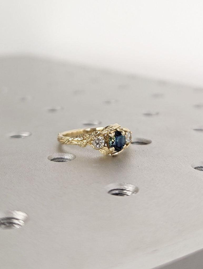 0.5ct Round Peacock Sapphire 14K Yellow Gold Nature Inspired Diamond Engagement Ring