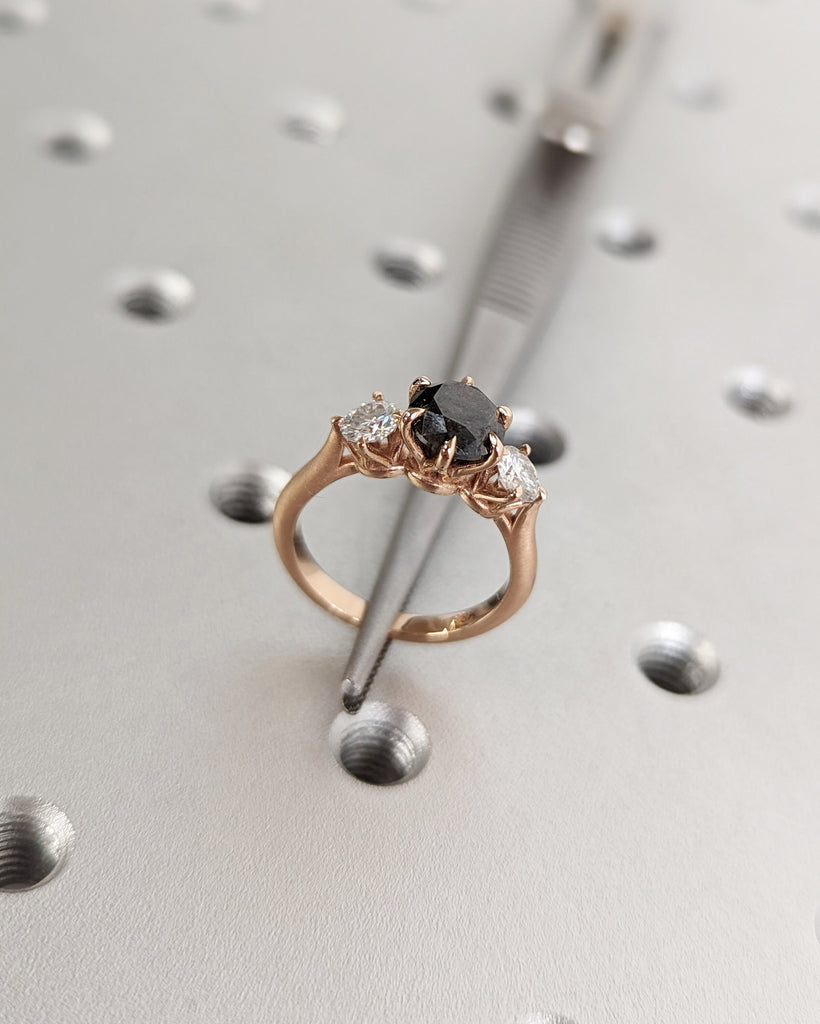 1.25 Carat 1920's Raw Salt and Pepper Diamond, Round Diamond Ring, Unique Engagement Bridal, Gray Pear, 18k Yellow, Rose, White, Black Gold