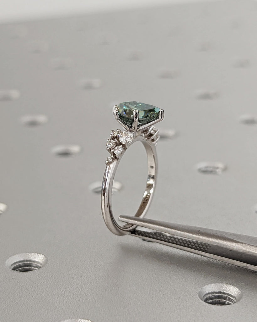 Colored Moissanite Engagement, Green Moissanite Ring, Vintage Blue-Green Pear Engagement Ring, Green Color Moissanite Snowdrift 6 Prong Ring