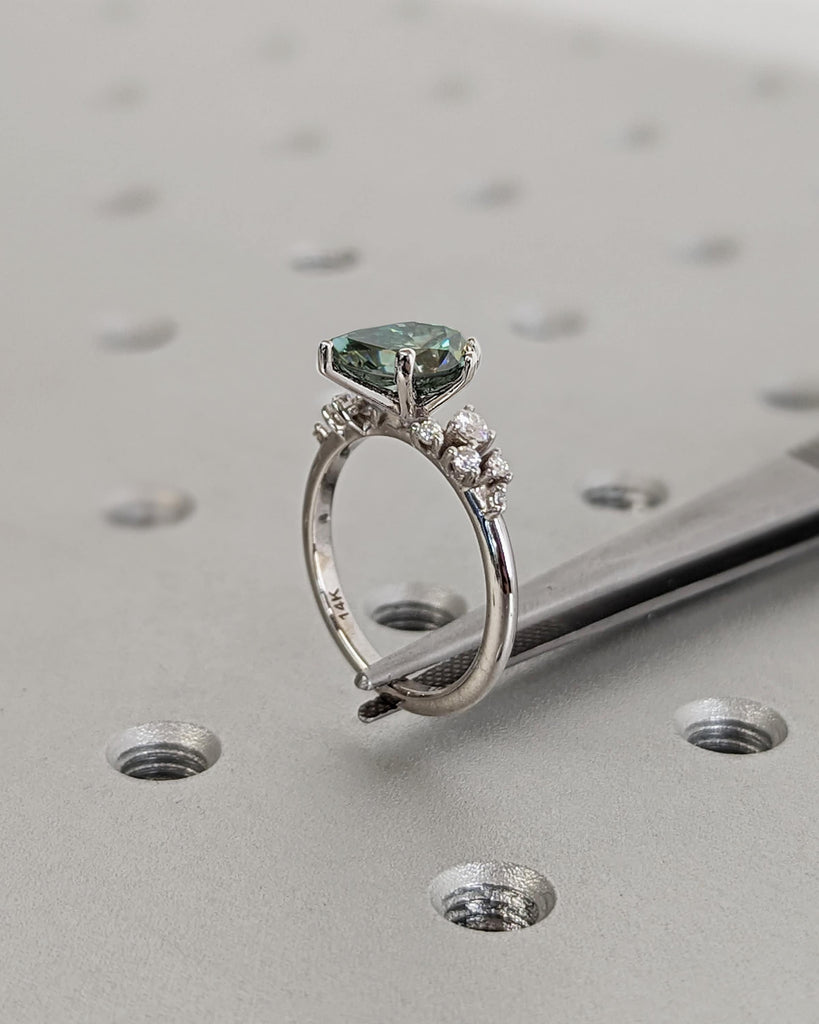 Colored Moissanite Engagement, Green Moissanite Ring, Vintage Blue-Green Pear Engagement Ring, Green Color Moissanite Snowdrift 6 Prong Ring