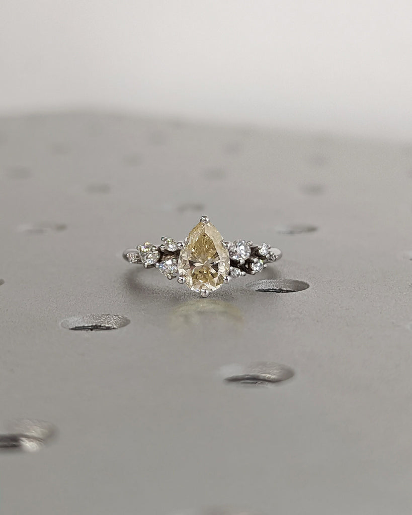 Colored Moissanite Engagement, Champagne Moissanite Ring, Vintage Yellow Pear Engagement Ring, Yellow Color Moissanite Snowdrift 6 Prong Set