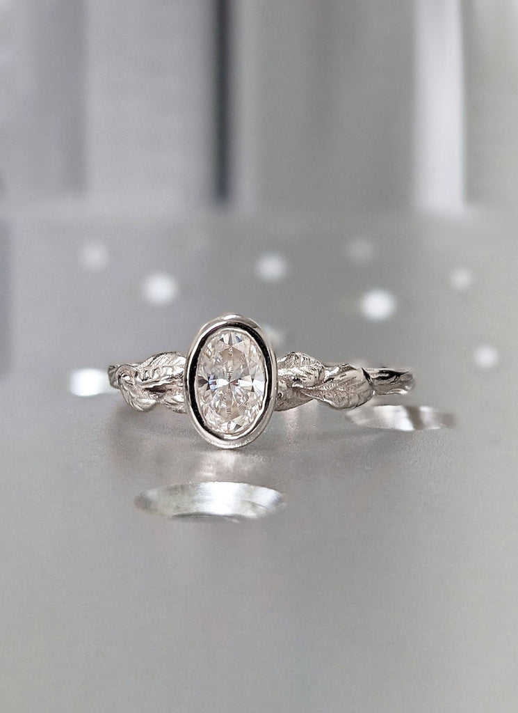 Vintage Lab Diamond Engagement Ring, Leaf Engraved Band, Nature Inspired Wedding Ring, Organic Wedding Band, Delicate Gold, Engraved Leaves