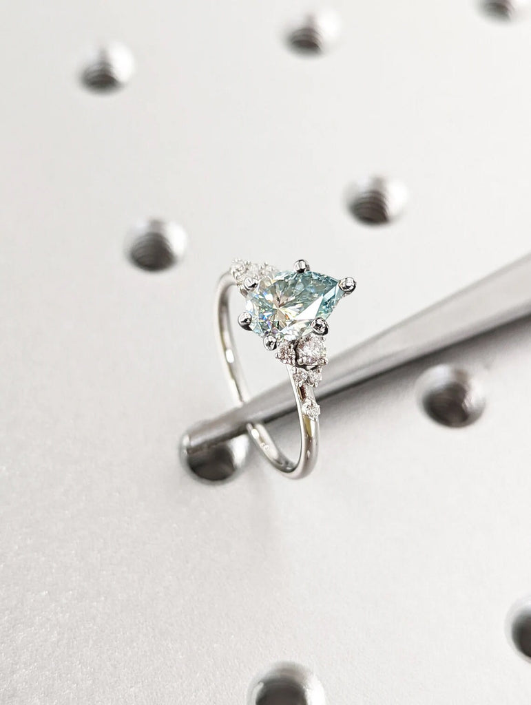 Pear Cut Blue Moissanite Ring Vintage Moissanite Engagement Ring Solid Gold Unique Snowdrift 6 Prongs Engagement Ring Diamond Wedding Ring