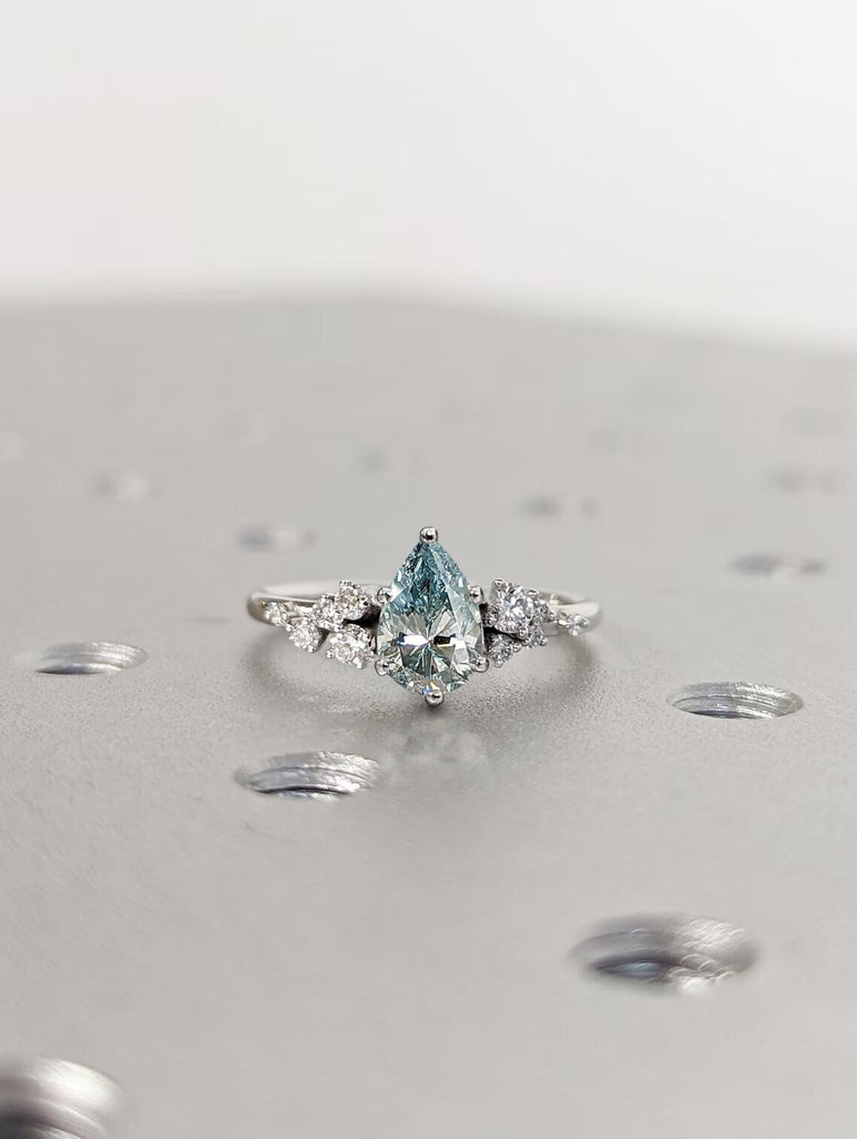 Pear Cut Blue Moissanite Ring Vintage Moissanite Engagement Ring Solid Gold Unique Snowdrift 6 Prongs Engagement Ring Diamond Wedding Ring