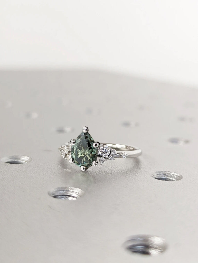 Pear Cut Green Moissanite Ring Vintage Moissanite Engagement Ring Solid Gold Unique Snowdrift 6 Prongs Engagement Ring Diamond Wedding Ring