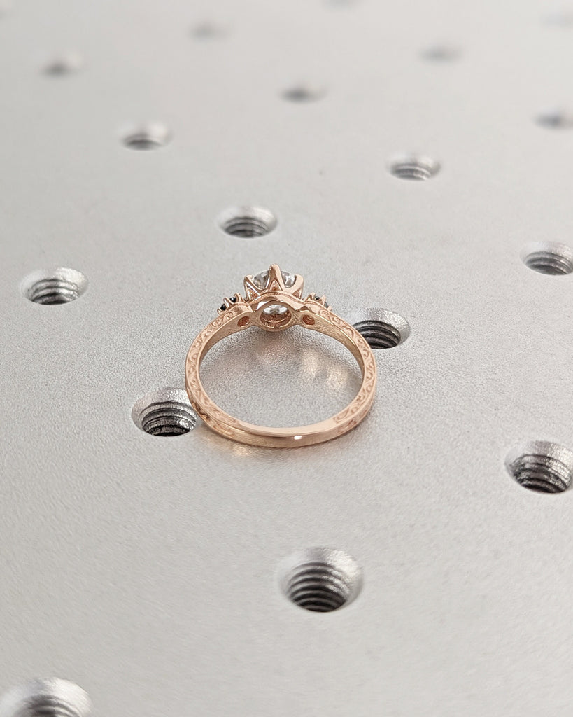 0.75ct Lab Grown Diamond 14k Rose Gold Moissanite Diamonds Dainty Round 3 Stone Engagement Ring, Cluster Ring, Filigree Wedding Band, Carved