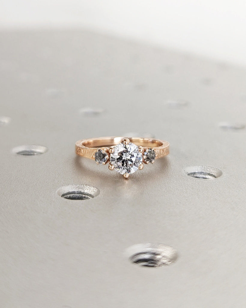 0.75ct Lab Grown Diamond 14k Rose Gold Moissanite Diamonds Dainty Round 3 Stone Engagement Ring, Cluster Ring, Filigree Wedding Band, Carved