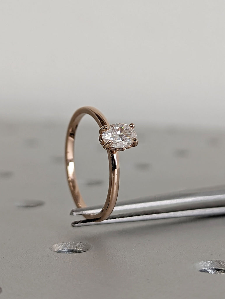 0.5ct Oval cut Moissanite Solitaire Wedding Anniversary Ring | 14K Rose Gold Moissanite Hidden Halo Proposal Ring | Custom Bridal Jewelry