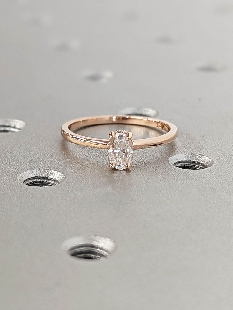 0.5ct Oval cut Moissanite Solitaire Wedding Anniversary Ring | 14K Rose Gold Diamond Hidden Halo Proposal Ring | Custom Bridal Jewelry