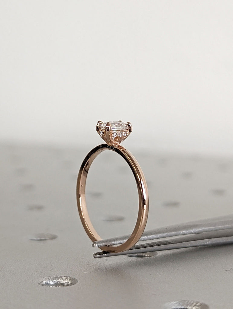 0.5ct Oval Crush Ice Moissanite Solitaire Promise Ring | 14K Rose Gold Diamond Hidden Halo Engagement Ring | Unique Wedding Anniversary Ring